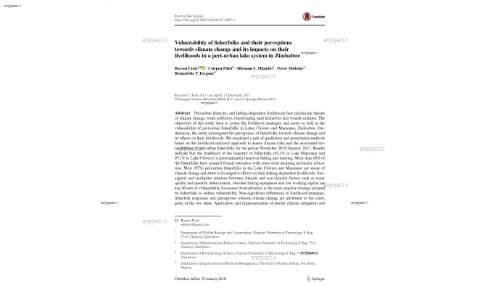 Vulnerability of fisherfolks and their perceptions towards climate change and its impacts on their livelihoods in a peri‑urban lake system in Zimbabwe